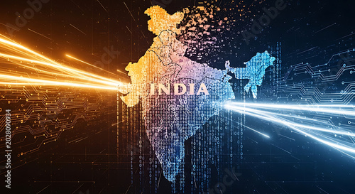 Futuristic Digital India Map with Glowing Technology Data Streams