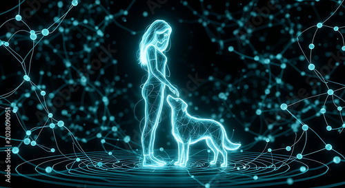 Futuristic digital woman and dog wireframe bond in cyber network