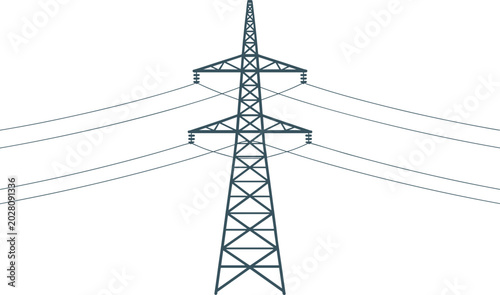 Tableau sur toile High voltage power line pylon tower vector illustration with overhead transmission grid cables isolated on white background