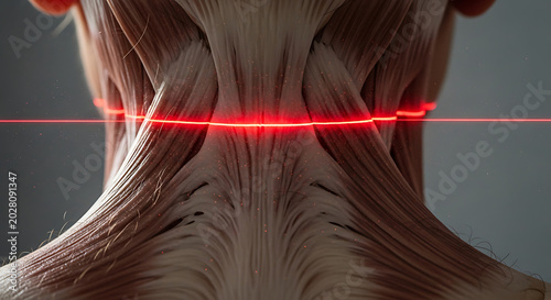 Futuristic medical scan of human neck muscles with red laser beam
