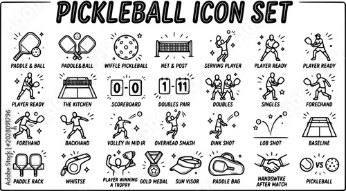 Canvastavla Pickleball Icon Set: Black and White Line Art Glyphs of Players, Equipment, and