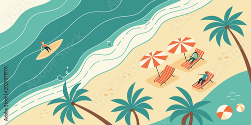 Schilderij op canvas Tropical beach vacation with surfers and sun loungers flat vector illustration