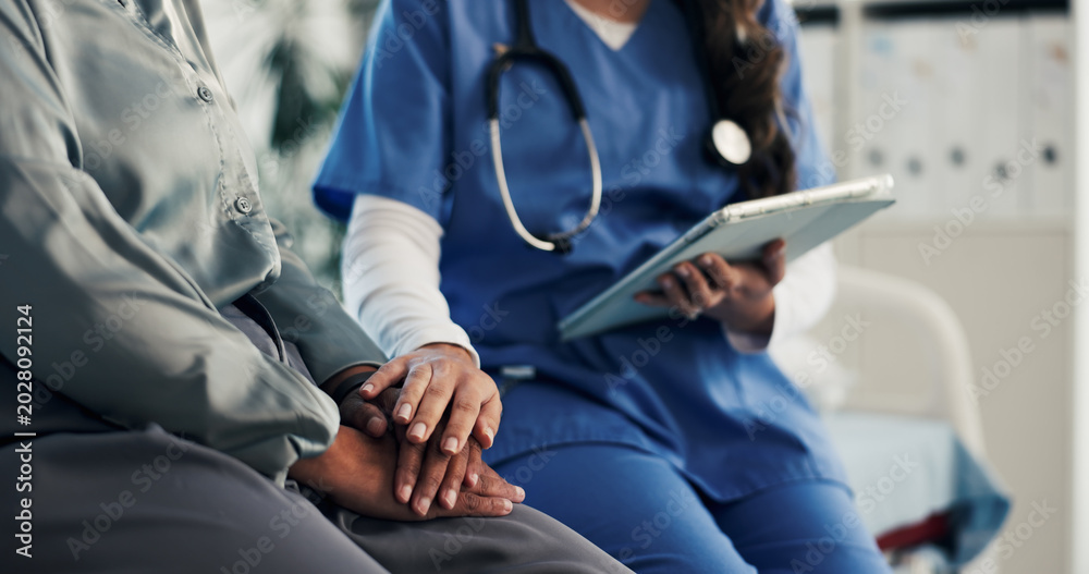Fototapeta premium Hands, nurse and comfort person with tablet for checkup, bad news and empathy for medical results. Employee, digital or consoling patient for emotional support, healthcare report and terminal illness