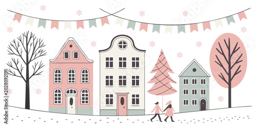 Quadro su tela Winter city street illustration with quaint european houses