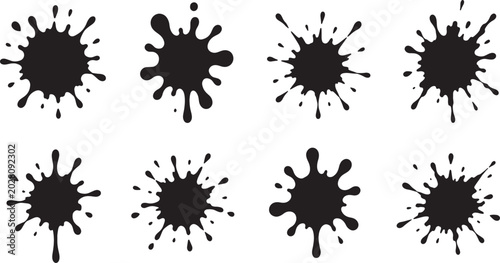 Eight black ink splatter shapes, dynamic liquid drops and blobs on white background, also transparent background
