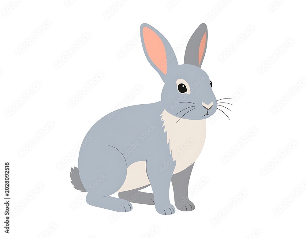 Fototapeta premium A gray cartoon rabbit with white chest and pink inner ears