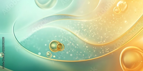 Abstract swirling liquid gold and teal waves with delicate floating bubbles and luminous bokeh effects