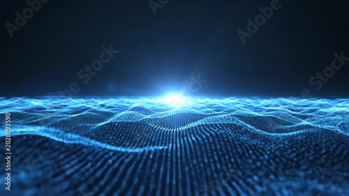 Abstract Matrix Horizon view of glowing blue digital particle waves with a bright lens flare