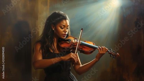 Female violinist performing alone inside abandoned theater illuminated by single spotlight, floating dust particles, dramatic cinematic shadows, realistic emotional expression