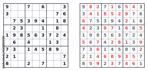 Photos Classic easy Sudoku puzzle (v4) grids with solutions highlighted in red