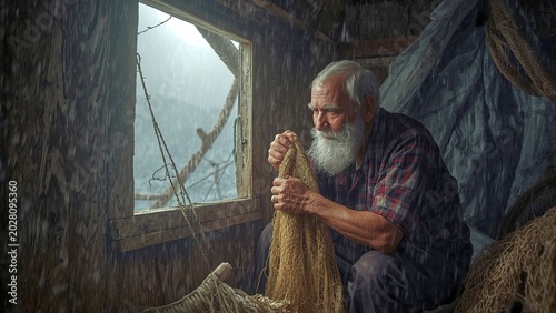 Hyperrealistic elderly fisherman repairing torn nets inside a weathered wooden hut during heavy rainstorm, dramatic window light, textured skin details