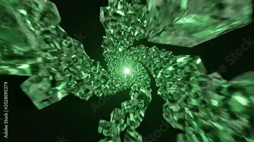 Abstract Vortex Flying through a spinning green crystalline block tunnel with center light glow