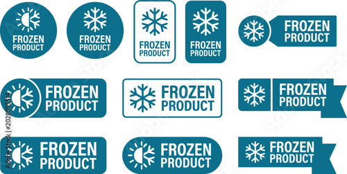 Frozen product food package label. Fresh frozen food product icon logo, badge, sticker, emblem, stamp, symbol, black, line circle, flat vector, isolated illustration. Snowflake icon.