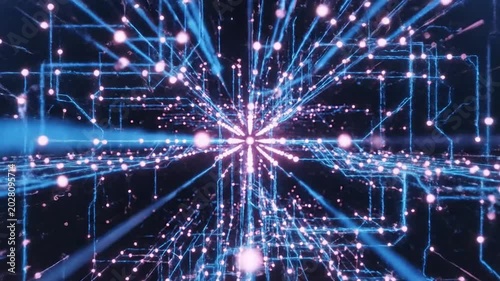 Big Data Matrix Abstract 3D neural network grid with glowing nodes expanding in dark space