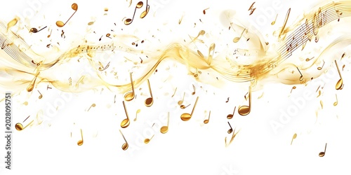 Golden musical notes and flowing abstract wave imagery create a vibrant, energetic visual composition celebrating music and sound.
