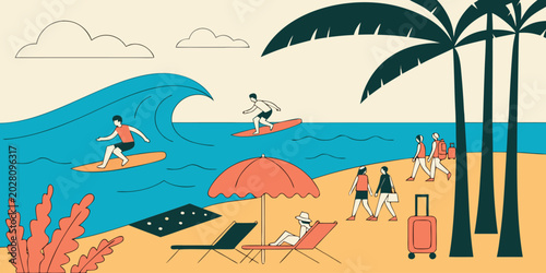 Fényképezés Summer vacation at beach with surfers and tourists in flat graphic style