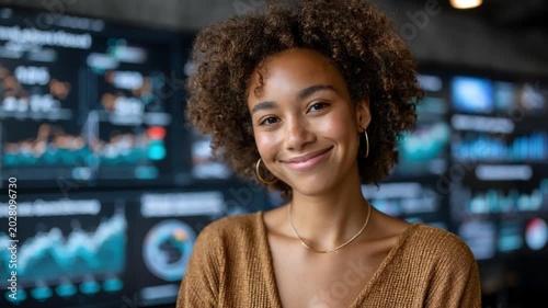 Confident Professional in Data-Rich Environment: A smiling woman with curly hair stands confidently in front of multiple screens displaying complex data and charts.