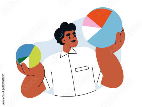 Data comparison, statistics and business analytics concept. Man comparing inf...