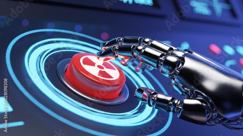 Automation Tech Cybernetic metallic robot finger pressing a large glowing red cross button on dashboard