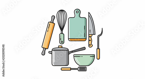 A collection of flat-design kitchen utensils including a pot, bowl, rolling pin, whisk, cutting board, knife, and spatula