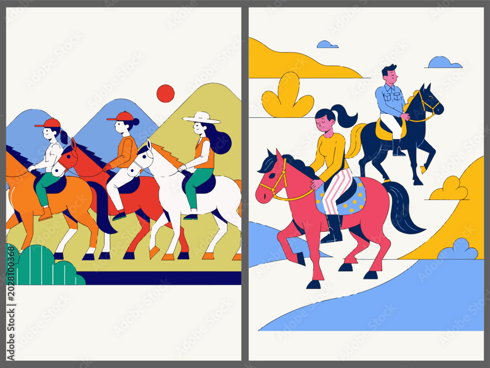 Fototapeta premium Vector posters with people on horseback riding in the mountains and nature. Sports illustration of tourism, outdoor activities and horse riding. Diptych in bright minimalist sAdobe Illustrator Artwork