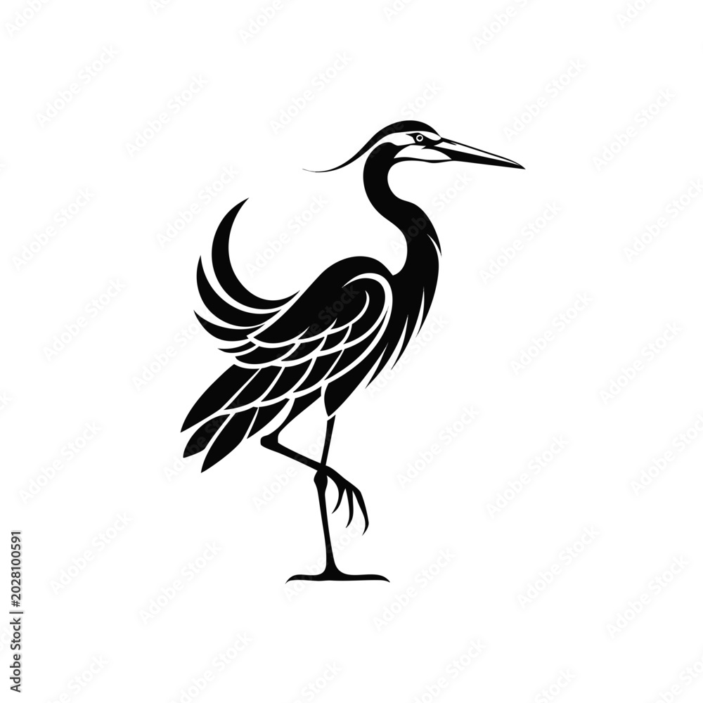Obraz premium Elegant heron bird vector logo, black and white crane silhouette illustration, minimalist stork graphic for branding and wildlife conservation
