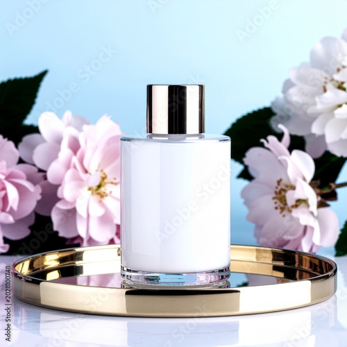 Cosmetic Product Mockup in Soft Pastel White Tones with Spring Blossom Branches, AI Illustration