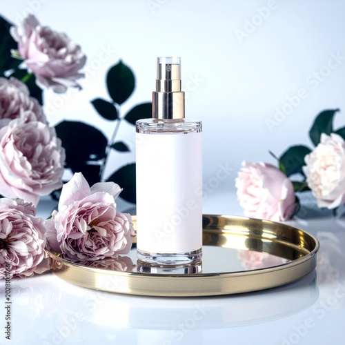 Cosmetic Product Mockup in Soft Pastel White Tones with Spring Blossom Branches, AI Illustration