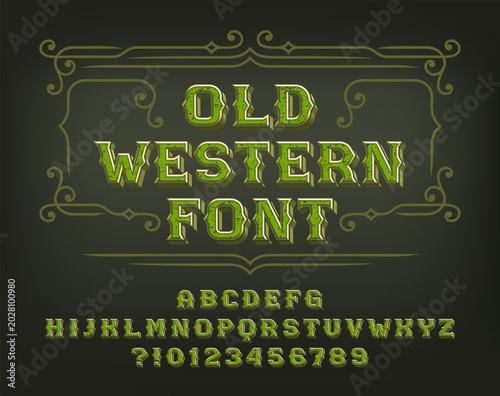 Old western alphabet font. Hand drawn distressed letters and numbers. Vector typeface for saloon labels, vintage signs, badge lettering, and poster type sets.