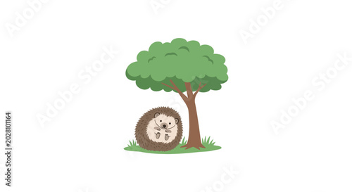 Fényképezés Hedgehog sitting under green tree.