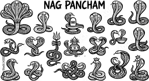 Bilde på lerret Nag Panchami Hindu Festival Snakes and Religious Symbols Vector Doodle Set