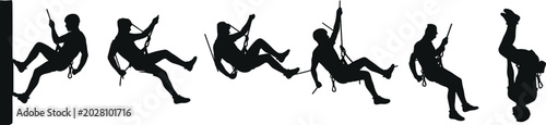 Photos Industrial rope access worker silhouettes with climbing harness rappelling and s