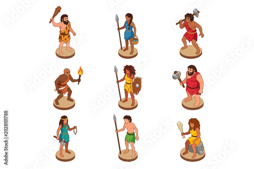 Tableau sur toile Prehistoric Caveman Characters with Stone Age Tools and Weapons