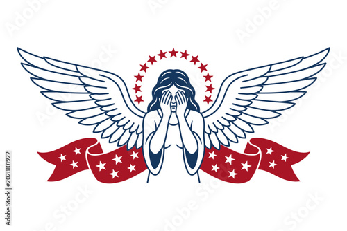 Foto Crying Angel with Wings and Star Halo Above Ribbon Banner