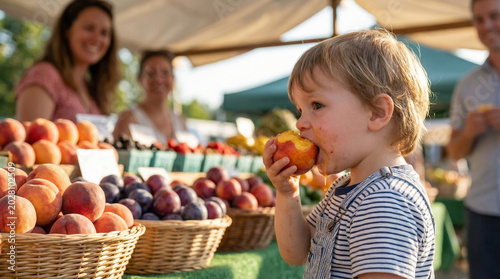 Young Child Eating Fresh Peach at Outdoor Farmers Market Stall