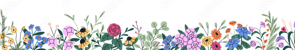 Fototapeta premium Design of border from different wildflowers and branches of bloom meadow plants. Template of bottom frame from flowers. Layout with line from floral decor. Flat isolated vector illustration on white