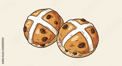 A charming illustration of two plump, golden-brown hot cross buns with a white cross and visible raisins
