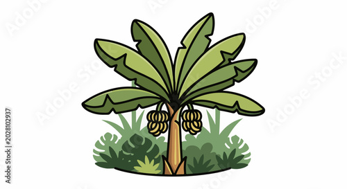 A cartoon of a banana tree with ripening fruit and lush green leaves