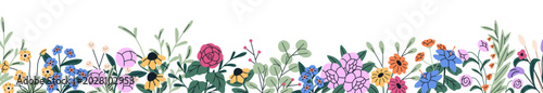 Design of border from different wildflowers and branches of bloom meadow plants. Template of bottom frame from flowers. Layout with line from floral decor. Flat isolated vector illustration on white