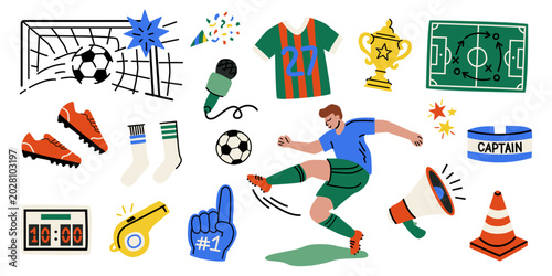 Photos Football elements in cartoon doodle style