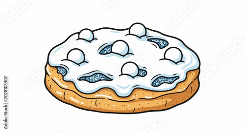 A cartoonish donut with white icing, white candy balls, and sparkling blue gemstone pieces