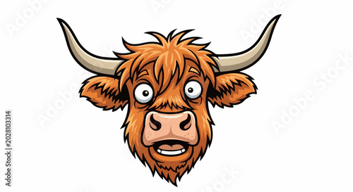 A cartoonish, fluffy, longhorn cow with wide, surprised eyes and an open mouth