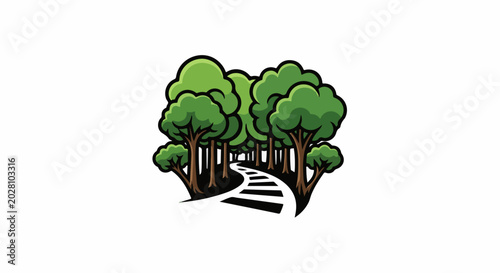 A cartoonish forest with a winding path through the trees, leading onward
