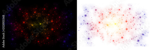 Vibrant colorful starry night sky with red, yellow, blue and purple stars on black and transparent backgrounds for design elements