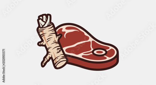 A cartoonish raw steak sits beside a root vegetable on a light grey background