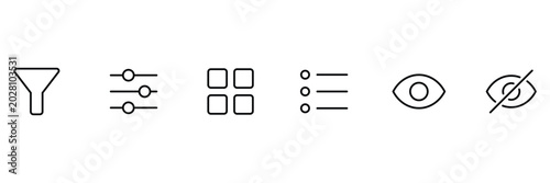 Photos Data filtering and display view outline icons set containing filter sliders grid list visible eye and hidden eye symbols vector illustration