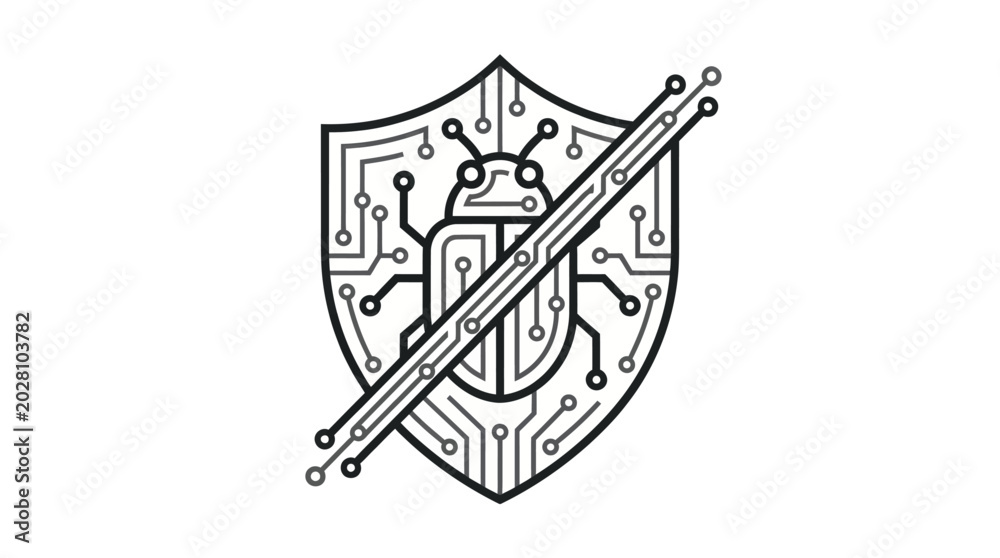 Fototapeta premium Cybersecurity Shield and Computer Bug Vector Illustration