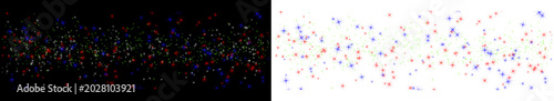 Multicolored starry night sky with red, blue, green and yellow stars on black and transparent backgrounds for design and decoration purposes
