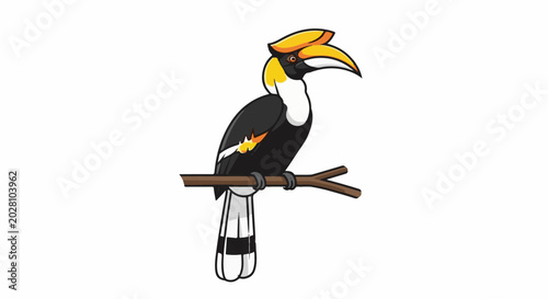 A cartoon great hornbill with a large yellow beak and casque perches on a brown branch