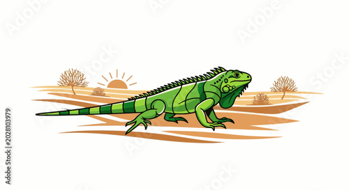 A cartoon green iguana stands on sandy ground with sparse vegetation and a rising sun